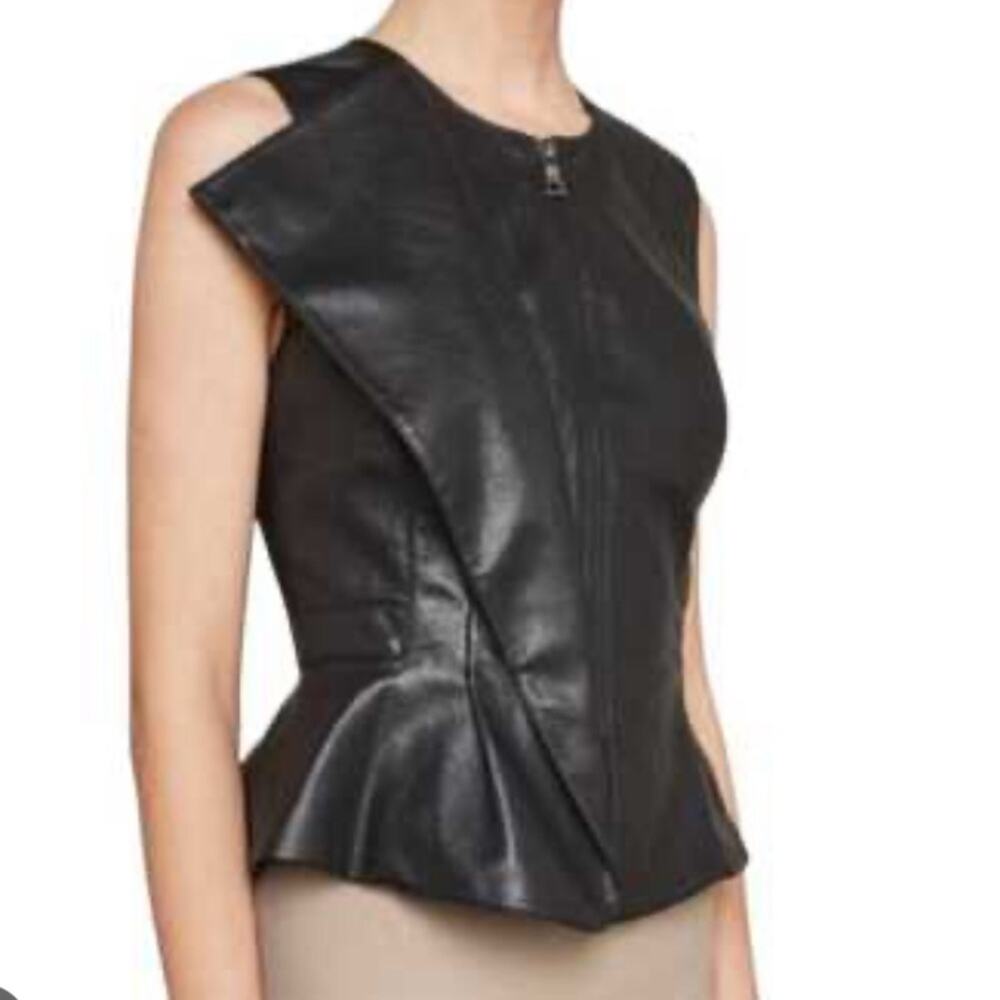 BcbgMaxazria Liu Faux Leather Black Peplum Zip Up Vest Top size XXS